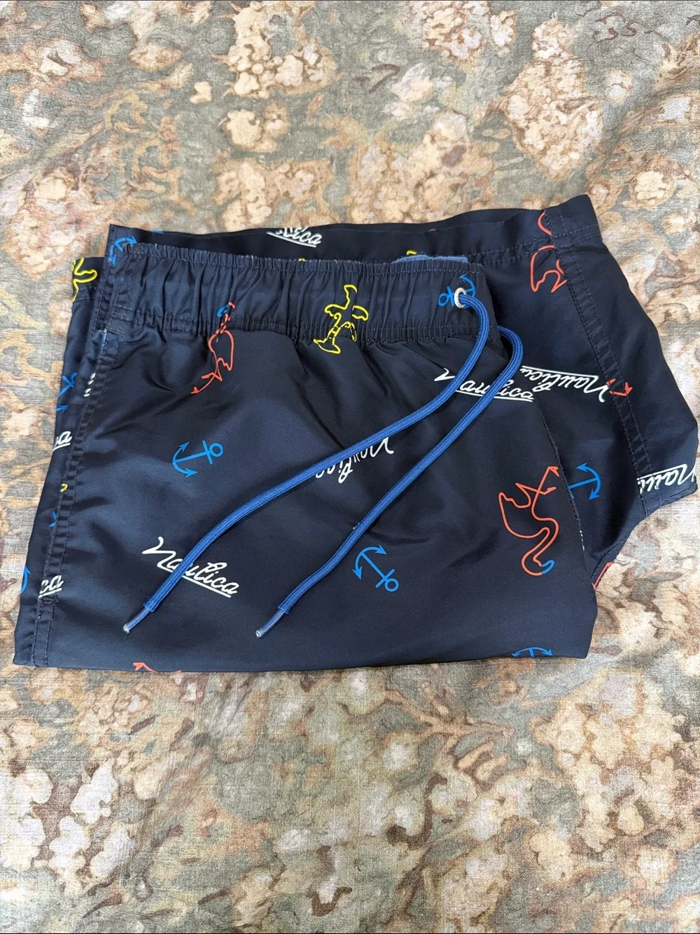 Nautica Navy Swim Trunks with Multicolor Anchor, Flamingo & Palm Print